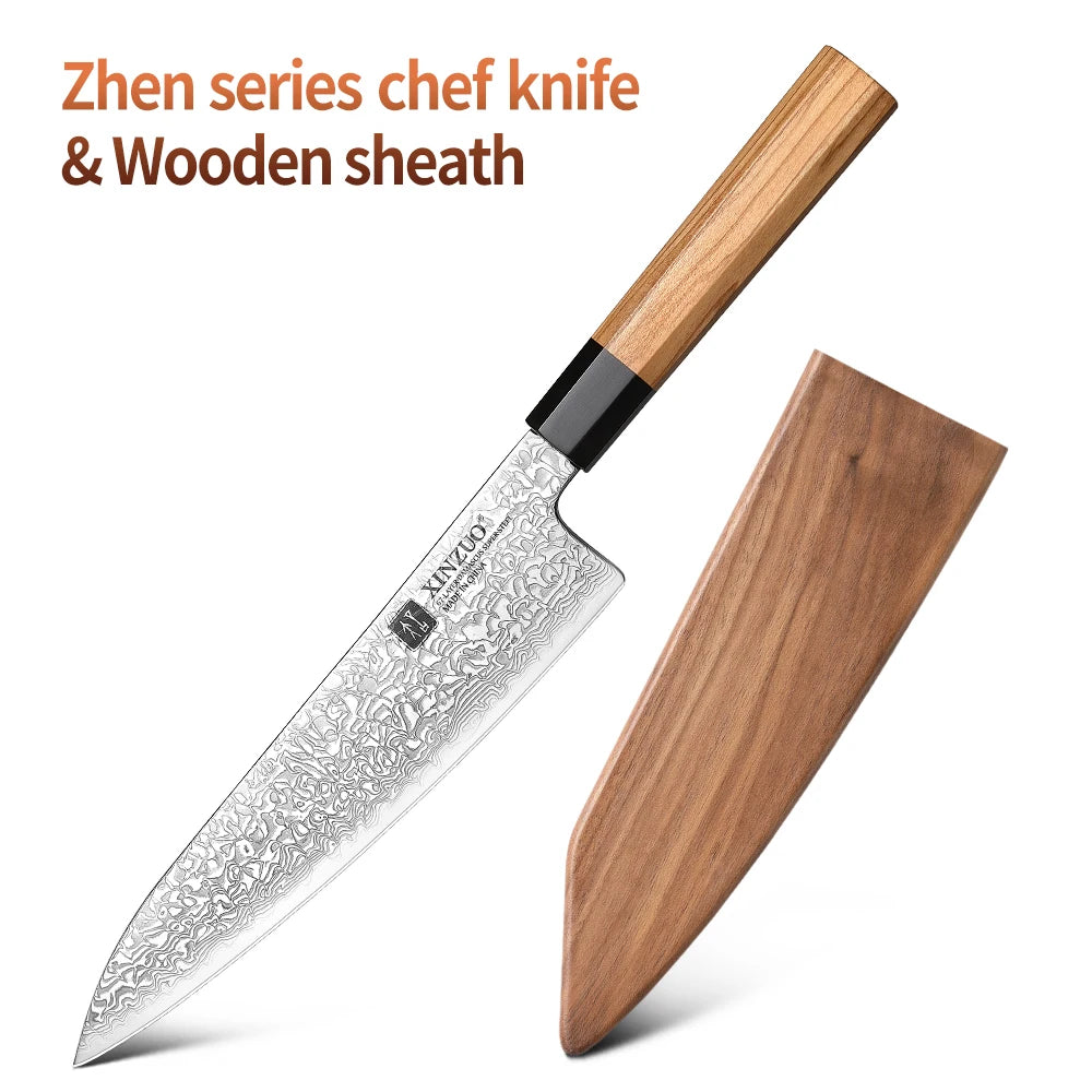 XINZUO 8.5" Damascus Chef Knife – Olive Wood Octagonal Handle Damascus Chef Knife Axl with Wooden Scabbard