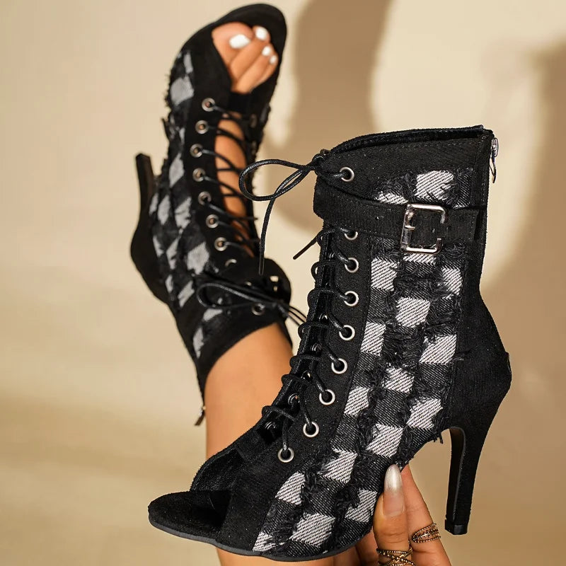 Women's Stiletto Peep Toe Ankle Boots – Checkered Summer Stiletto Ankle Boots Axl