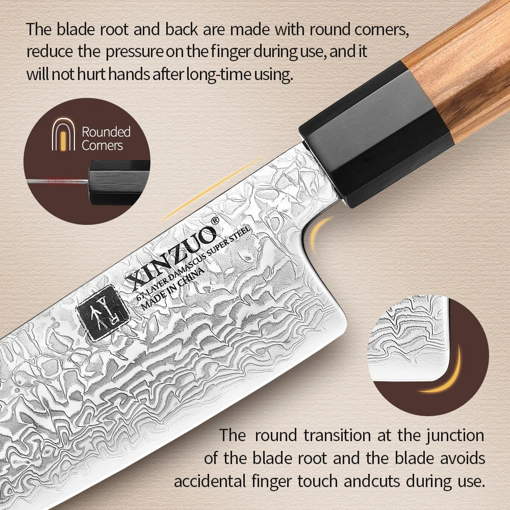 XINZUO 7.3" Damascus Santoku Knife – Olive Wood Handle Damascus Santoku Knife Axl