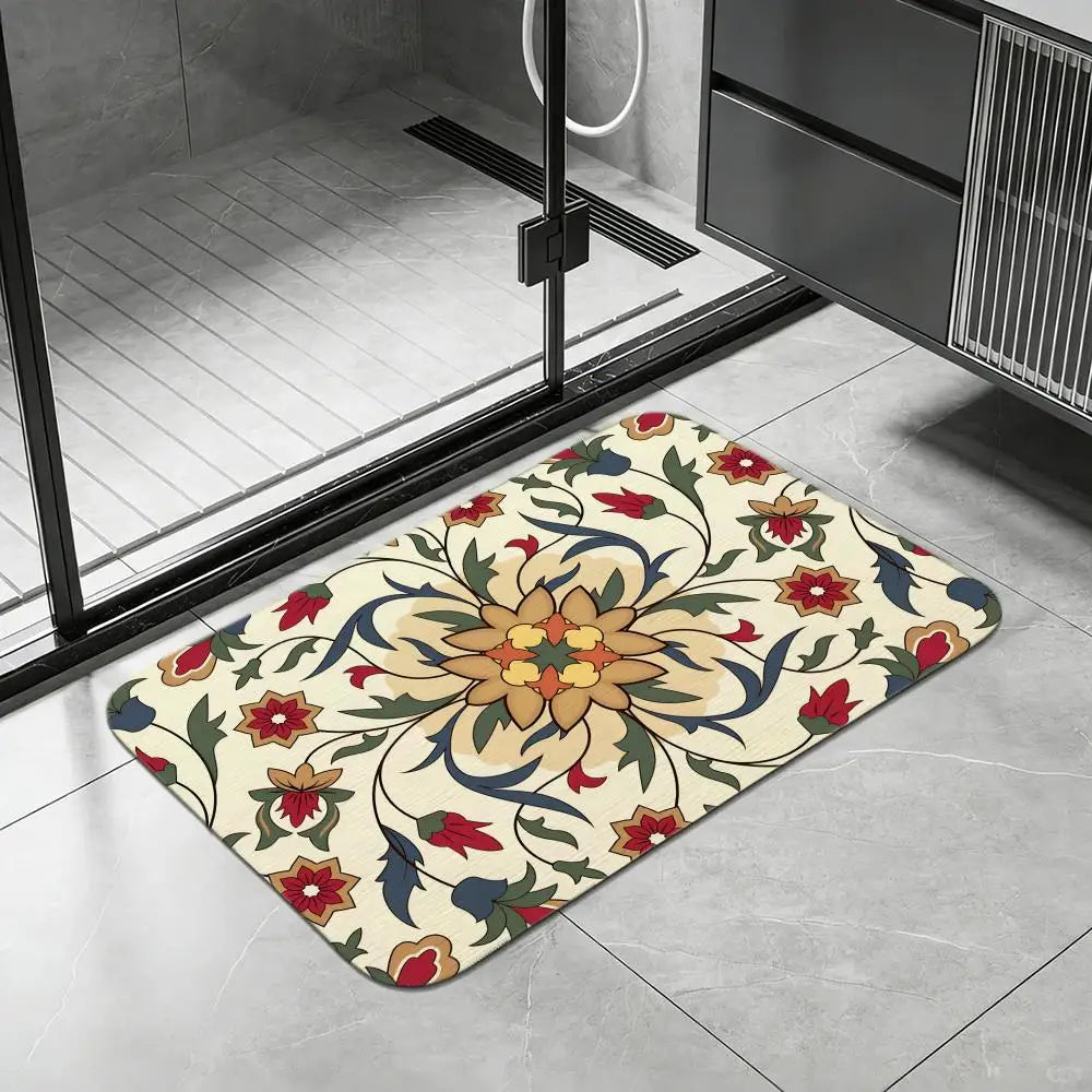 Persian Floral Diatomite Bath Mat – Quick Dry & Anti-Slip Diatomite Bath Mat Axl White4 40x60cm