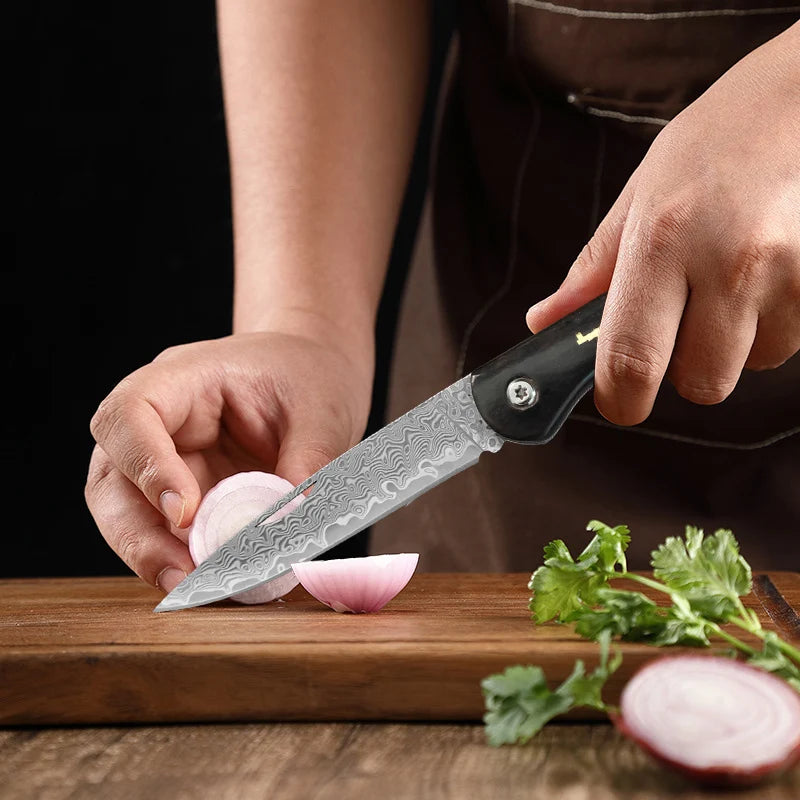 Damascus VG10 Folding Kitchen Knife – Wooden Handle | InLeung Folding Kitchen Knife Axl