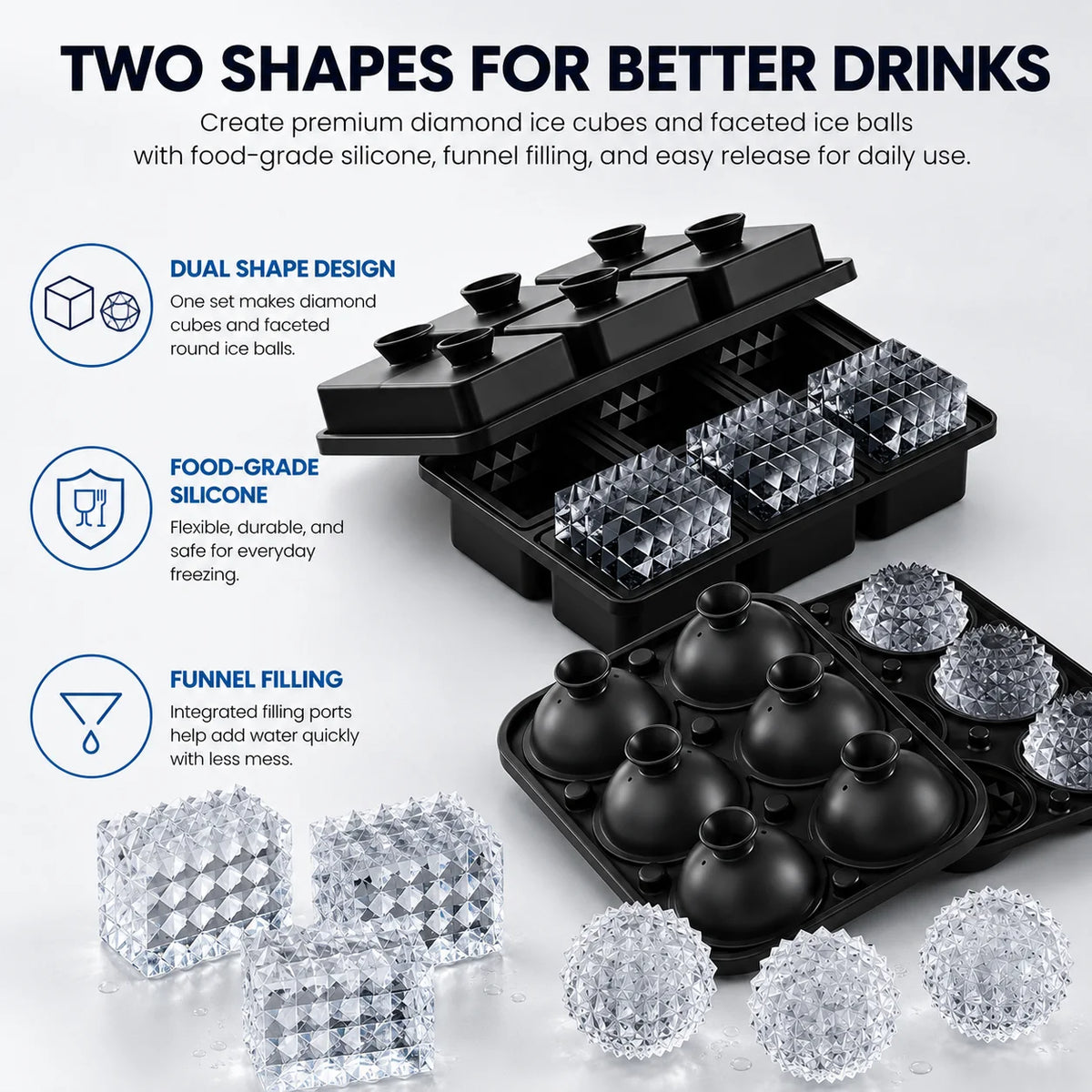 6-Cavity Diamond Silicone Ice Tray with Funnel Lid | Whiskey Bar Silicone Ice Tray Axl