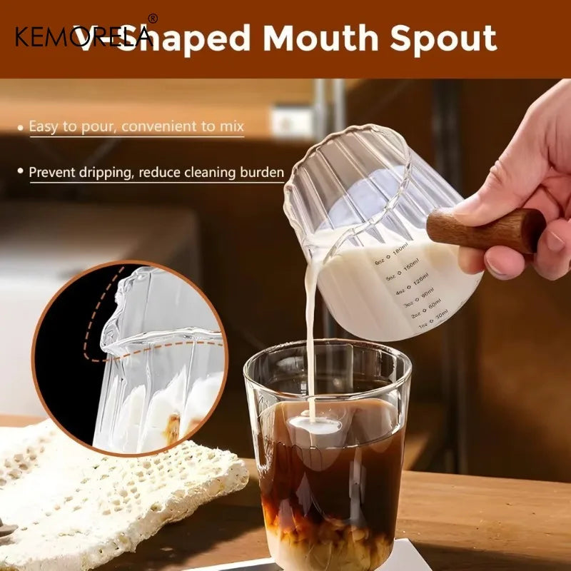 KEMORELA 180ml Glass Coffee Measuring Cup – Wooden Handle Glass Measuring Cup Axl