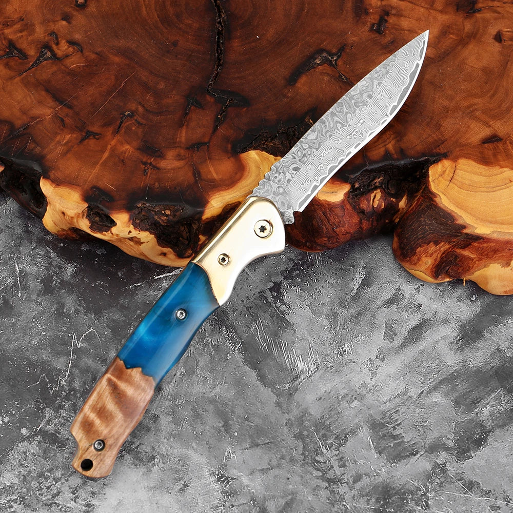 Damascus Steel Folding Knife – Rosewood & Resin Handle | EDC Folding Pocket Knife Axl FD2559A