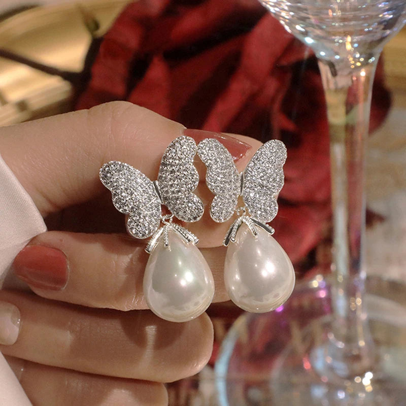 Huitan Butterfly Pearl Drop Earrings – Silver & Gold Tone Pearl Drop Earrings Axl
