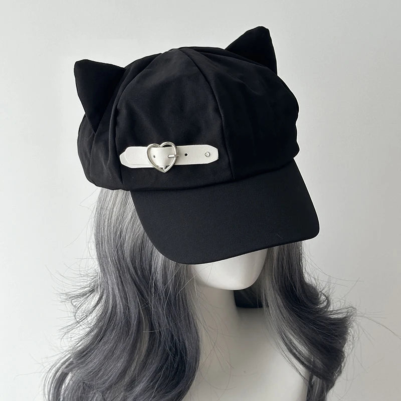 Women's Cat Ear Gothic Beret – Y2K Harajuku Punk Cotton Hat Gothic Beret Hat Axl one size Light white