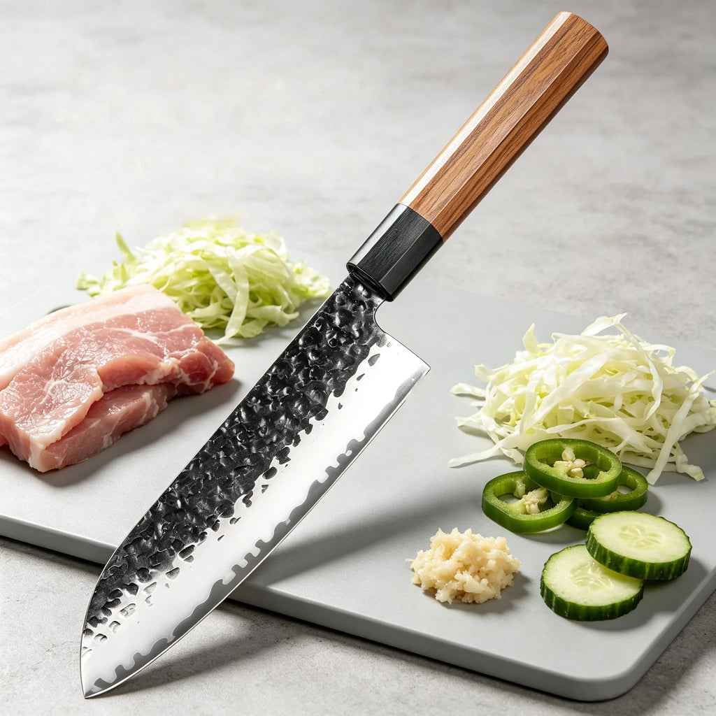 Hand Hammered Japanese Santoku Knife – Stainless Steel & Wood Santoku Chef Knife Axl