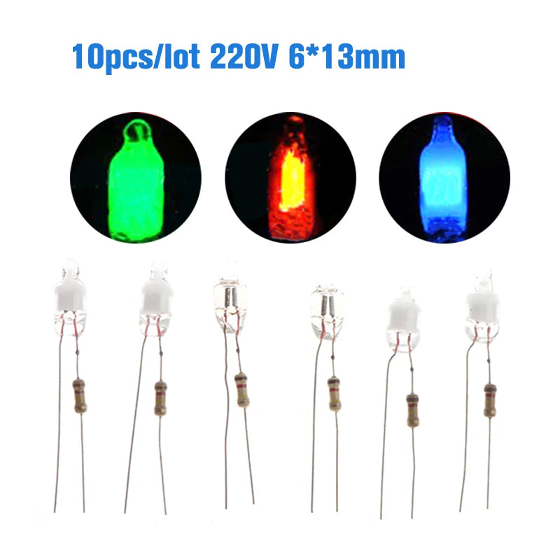10-Pack 6mm Neon Indicator Bulbs – Green, Red & Blue 220V Neon Indicator Bulbs Axl