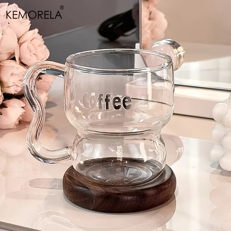 Transparent Glass Coffee Mug with Wooden Handle & Coaster Glass Coffee Mug Axl