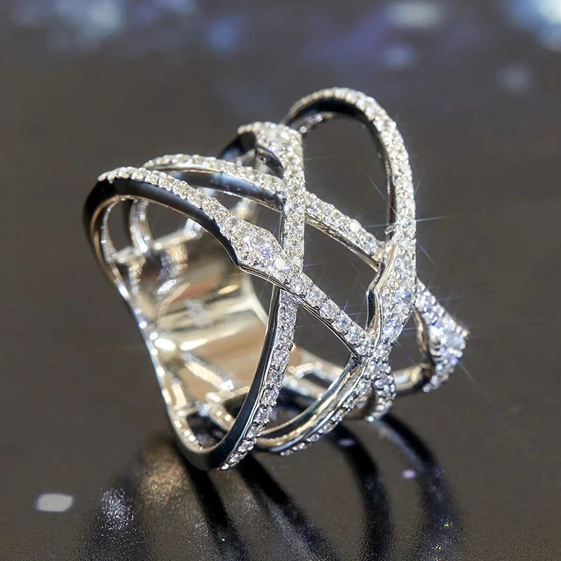 Huitan Double Cross Ring Women – Silver Cubic Zirconia CZ Fashion Statement Ring Axl