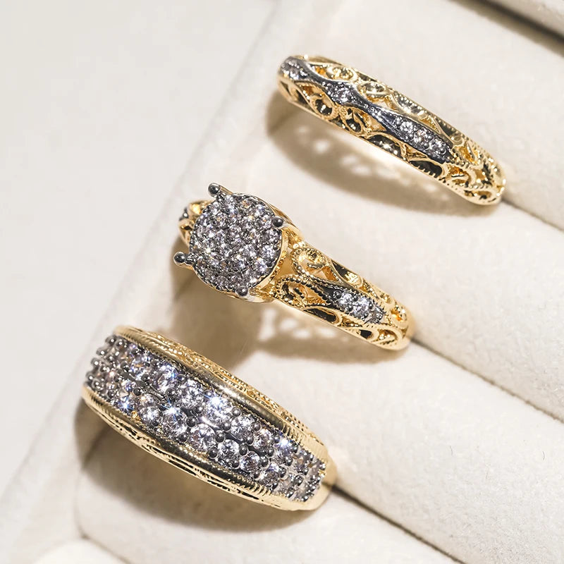 Huitan 3-Piece CZ Bridal Ring Set – Two-Tone Women's Rings Bridal Ring Set Axl