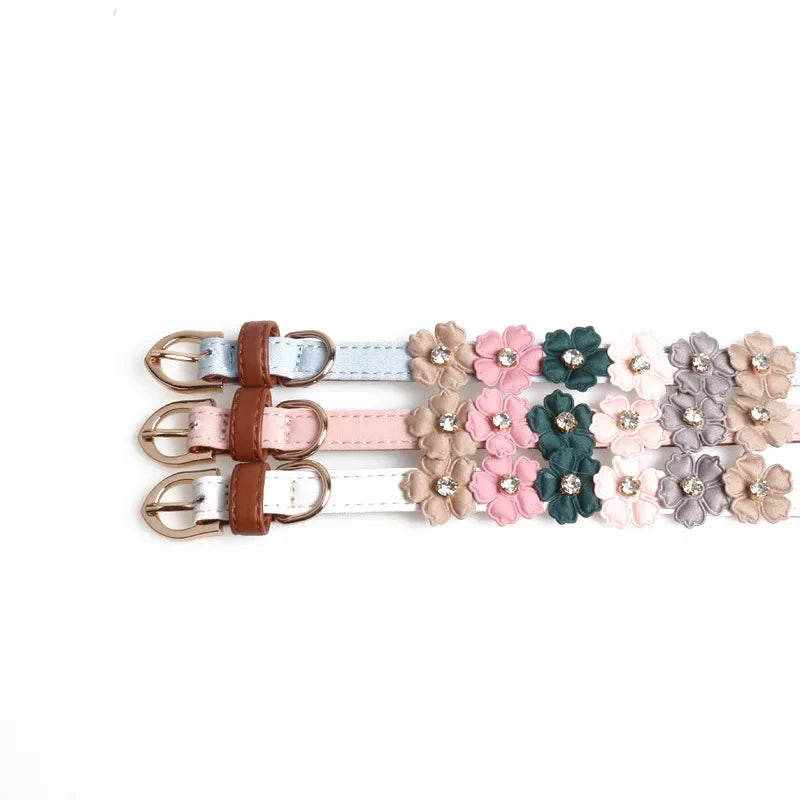 Rhinestone Flower Dog Cat Collar – Adjustable PU Leather Chain Pet Collar Axl