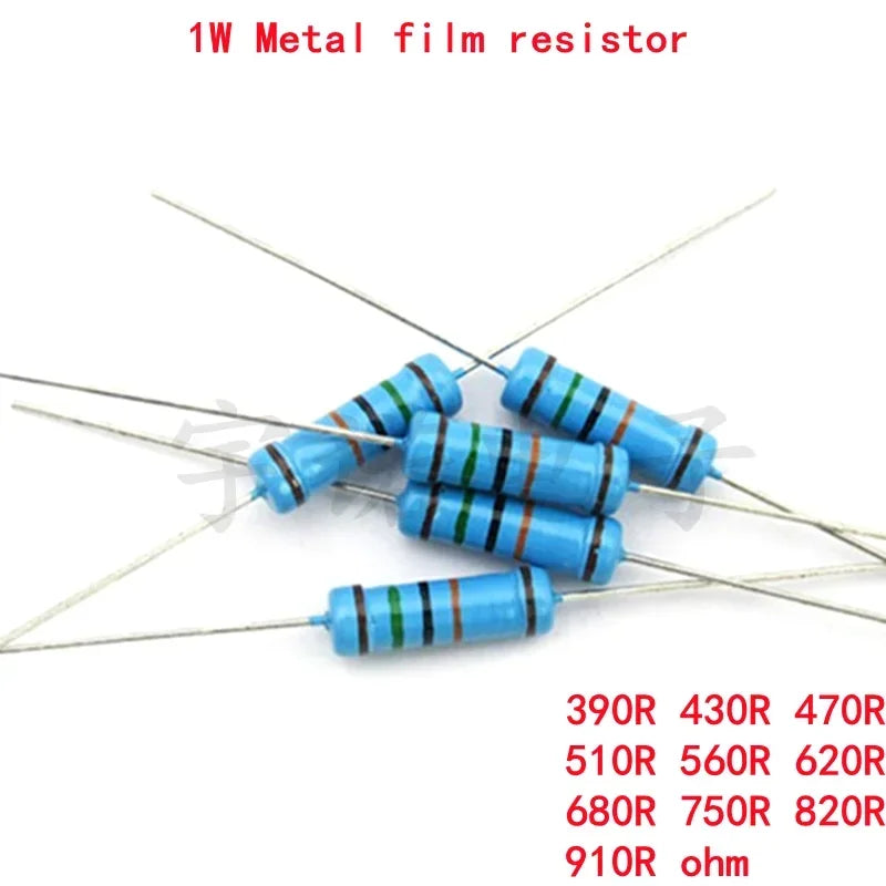 20pcs 1W Metal Film Resistors 1% Tolerance – 390Ω–910Ω Pack Metal Film Resistors Axl 390 ohm