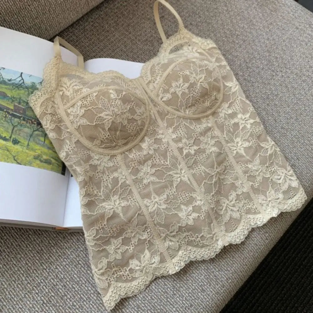 Mesh Floral Lace Crop Camisole Top with Pads | Women's Summer Vest Lace Crop Camisole Axl