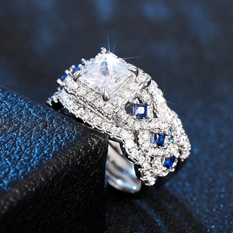 Huitan 3-Piece CZ Bridal Ring Set | Princess Wedding Jewelry Bridal Ring Set Axl