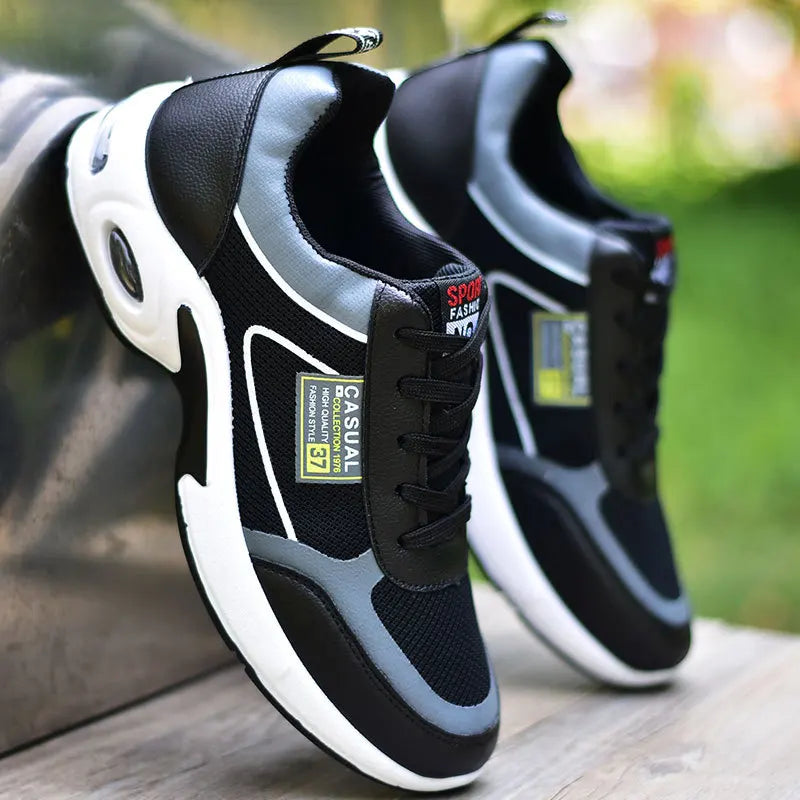 YBQJOO Men's Casual Leather Sneakers – Breathable Lace-Up Men's Casual Sneakers Axl Black breathable 38