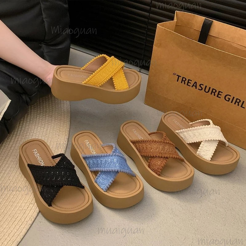 Woven Chunky Platform Sandals – Bohemian Cross-Strap Beach Heels Platform Sandals Axl