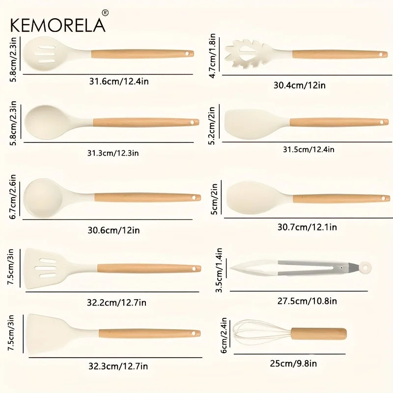 KEMORELA 10-Pc Silicone Cooking Utensils Set – Wood Handle Cooking Utensil Set Axl
