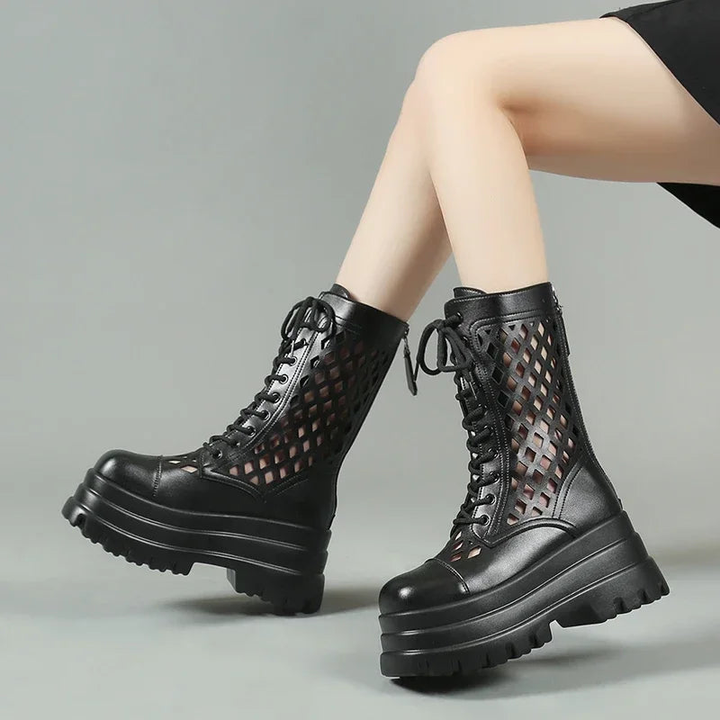 Women's Ankle Platform Wedge Boots – Lace-Up Openwork Style Platform Wedge Boots Axl