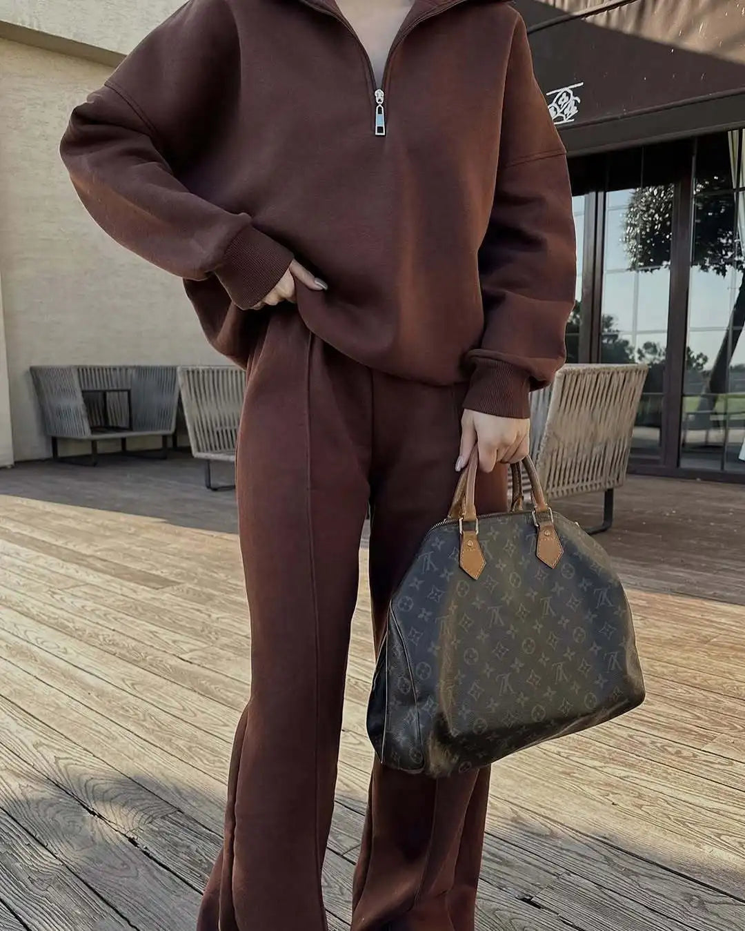 Women's Knit Two-Piece Set – Sweatshirt & Trousers Casual Women's Clothing Set Axl Coffee-colored S