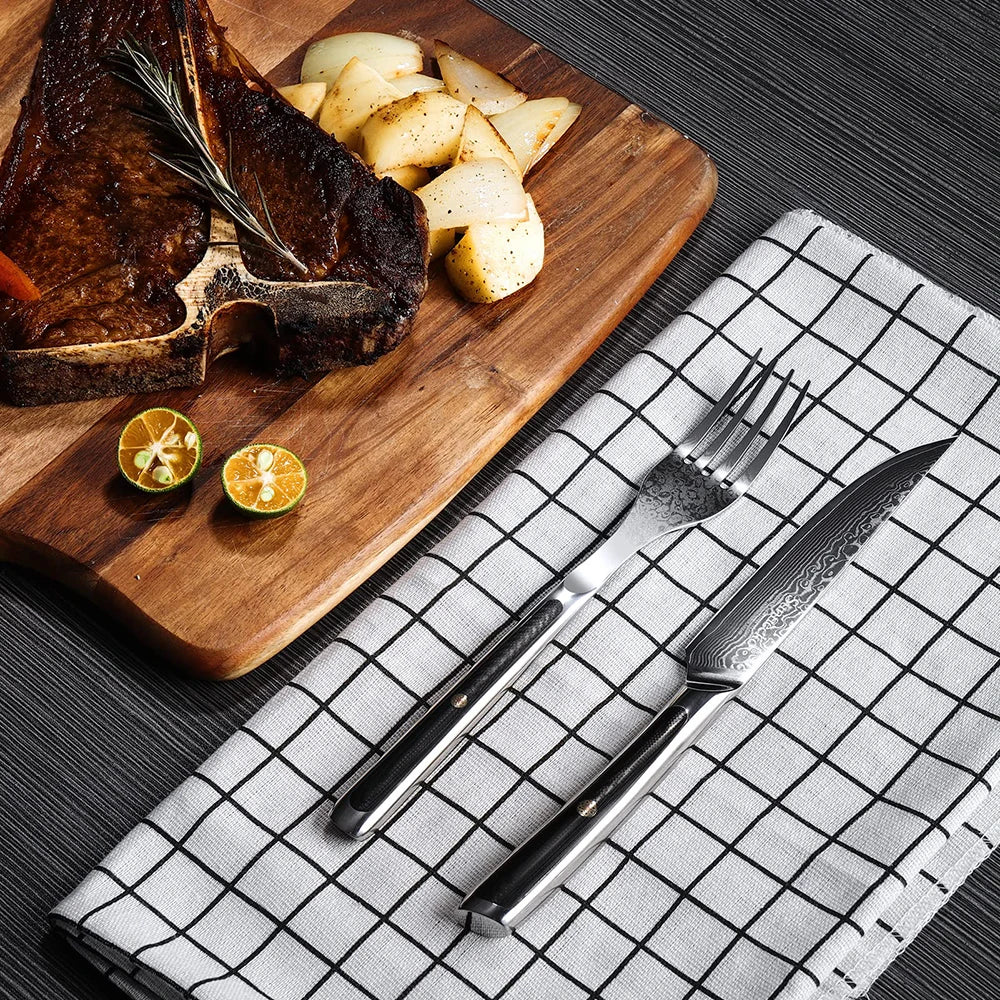 Sunnecko 73-Layer Damascus Steel Steak Knife & Fork Set Steak Knife Fork Set Axl