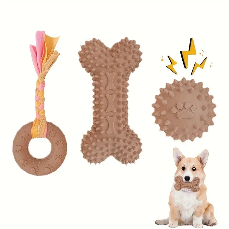 KEMORELA 3-Pack Puppy Chew Toys – Soft Rubber Teething Bones Puppy Chew Toys Axl Brown 3PCS