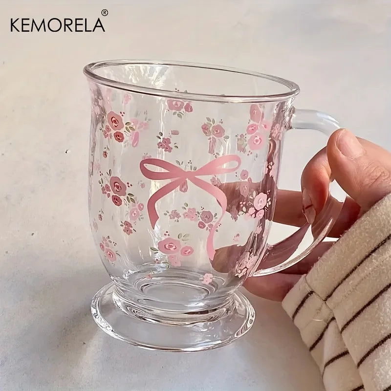 KEMORELA 450ml Floral Rose Glass Cup | U-Shaped Coffee Glass Glass Coffee Cup Axl