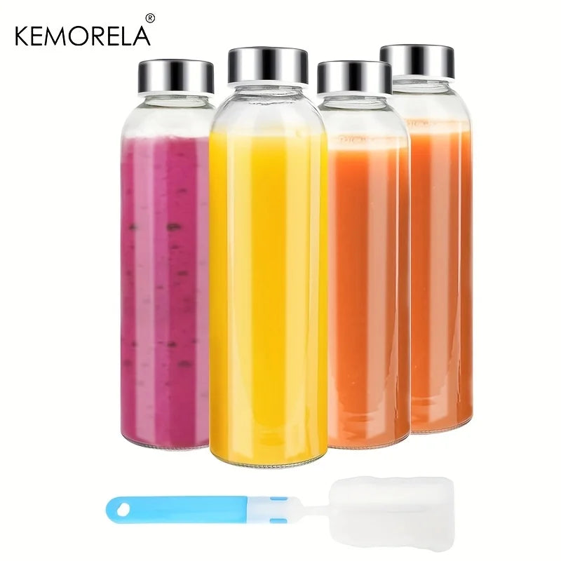 KEMORELA 530ml Clear Glass Bottles with Stainless Steel Lids 3/4/6pk Glass Water Bottles Axl 4pcs 500ml