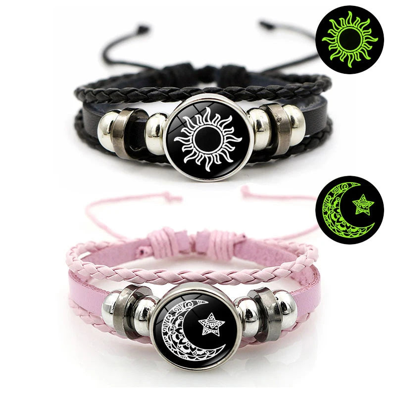 Luminous Couple Bracelets Sun Moon Black Braided Set 2Pcs Couple Charm Bracelets Axl