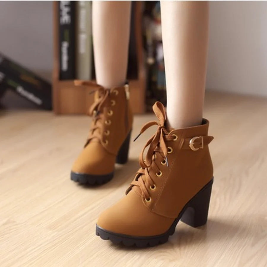 Women's Lace-Up Ankle Boots | Square Heel Platform Booties Heeled Ankle Boots Axl