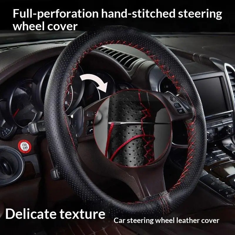 Hand-Sewn Leather Steering Wheel Cover – 38cm Anti-Slip Steering Wheel Cover Axl