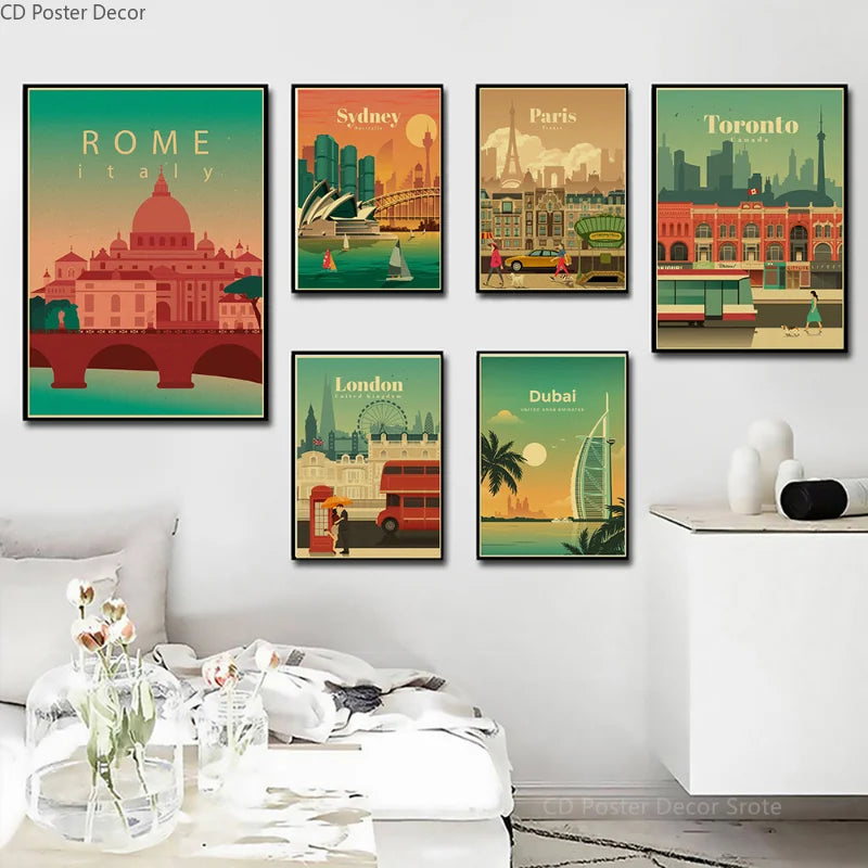 World Cities Retro Travel Poster – Rome Paris Sydney Dubai Art Travel Wall Poster Axl