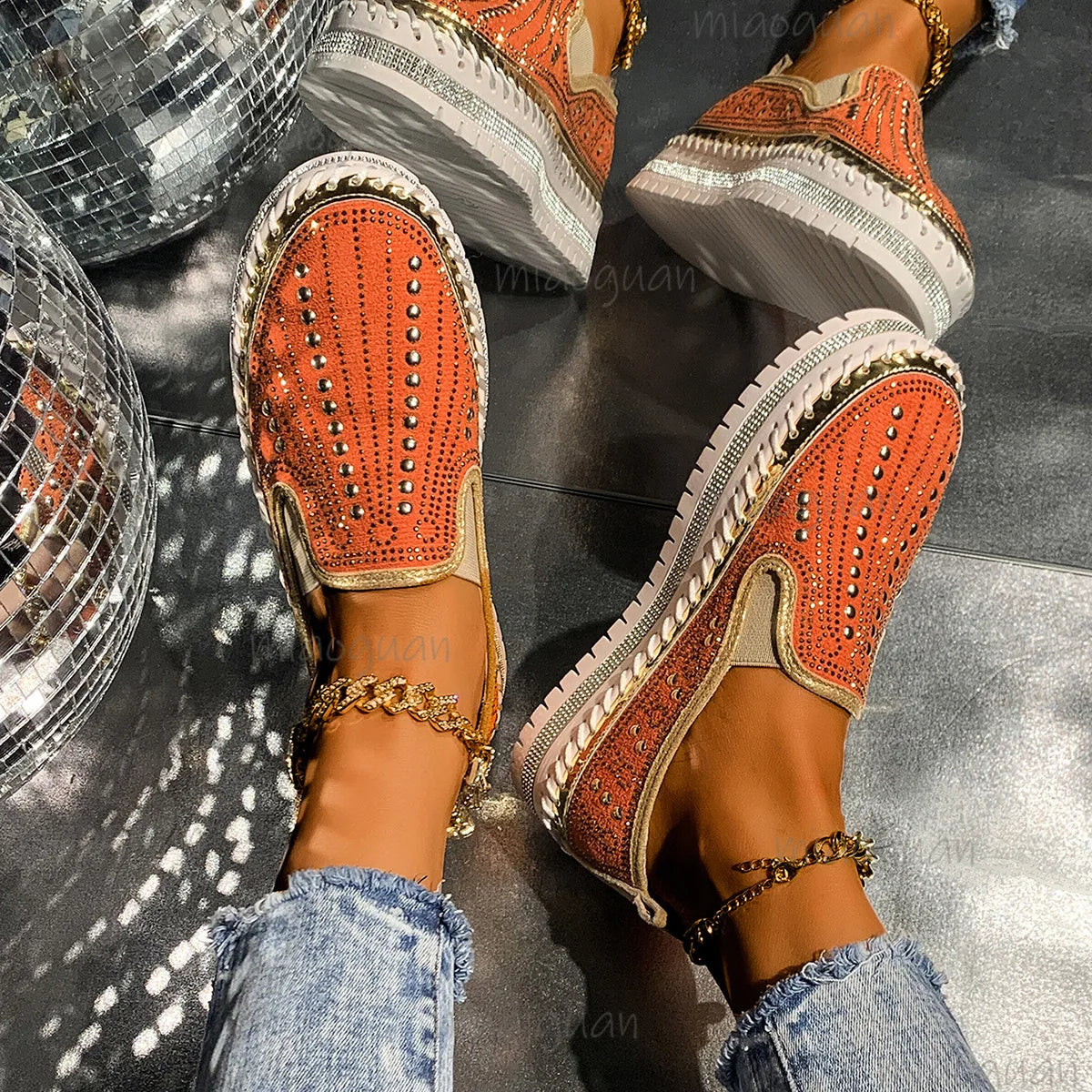 Women's Rhinestone Flat Loafers – Thick Sole Slip-On Sneakers Flat Loafer Sneakers Axl
