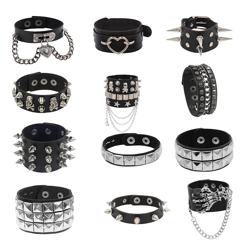 90s Punk Spike PU Leather Bracelet – Triple Row Studs Bangle Punk Leather Bracelet Axl
