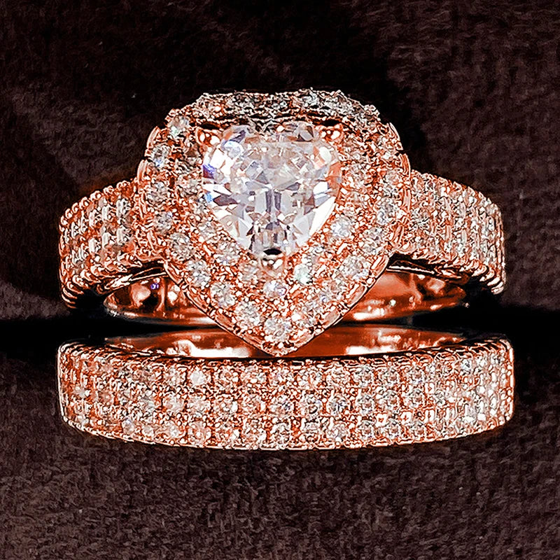 Huitan 2-Pc CZ Heart Ring Set – Women's Wedding & Party Rings Bridal Ring Set Axl