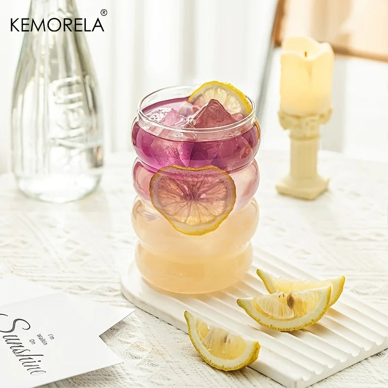 4-Pack 480ml Ribbed Ripple Glass Cups with Lids & Straws Drinking Glass Set Axl