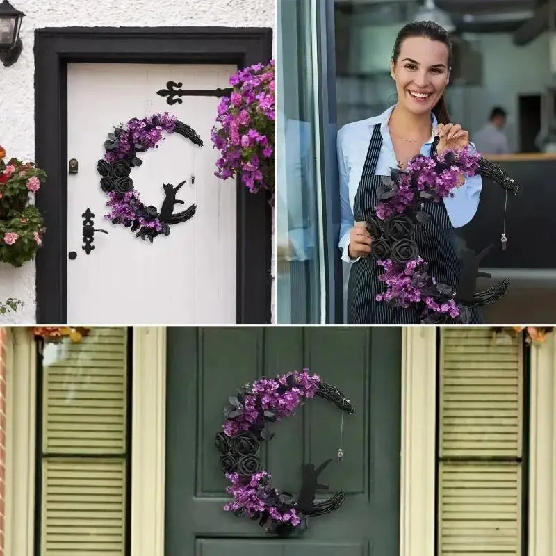 Halloween Black Cat Moon Wreath – Gothic Rose Front Door Decor Halloween Door Wreath Axl
