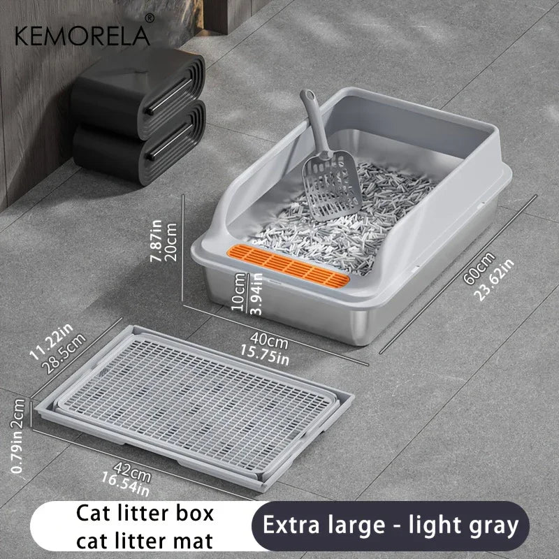 KEMORELA XL Stainless Steel Cat Litter Box with Anti-Splash Mat Cat Litter Box Axl