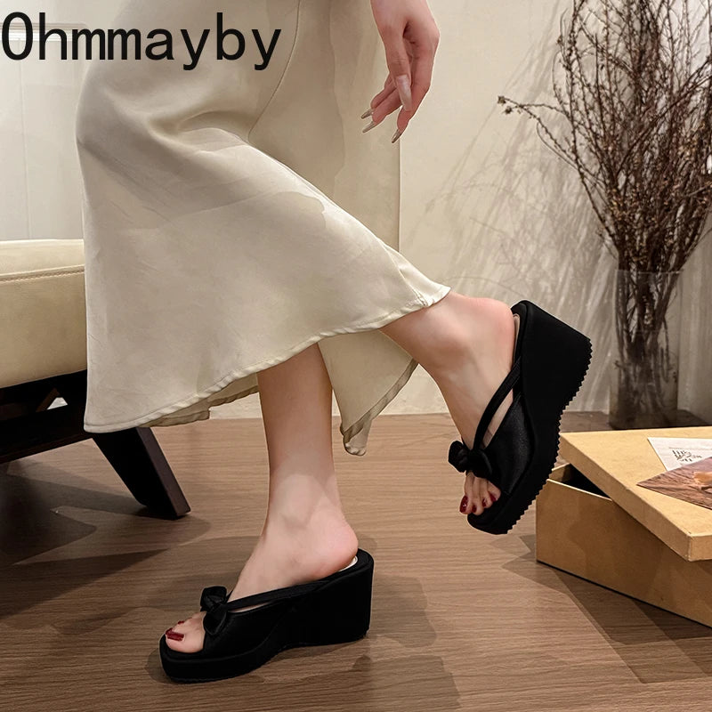 Women's Satin Butterfly-Knot Wedge Slippers – Open Toe Slides Wedge Slippers Axl