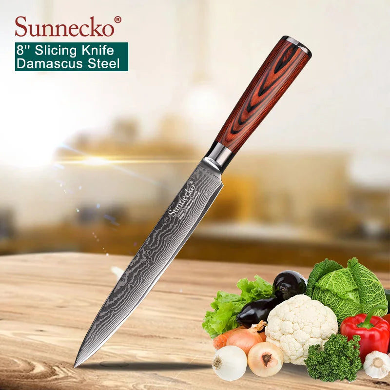 Sunnecko 8" Damascus Steel Slicing Knife – VG10 Core, HRC60+ Damascus Slicing Knife Axl China Mainland 8 inch
