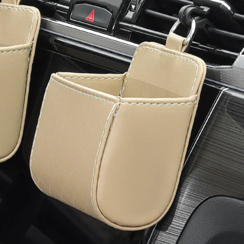 Car Air Vent Storage Bag – PU Leather Organizer Pocket Car Vent Organizer Axl beige