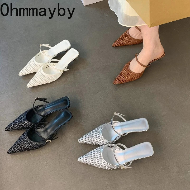 Women's Hollow Weave High Heel Mules – Square Heel Dress Slides High Heel Mules Axl