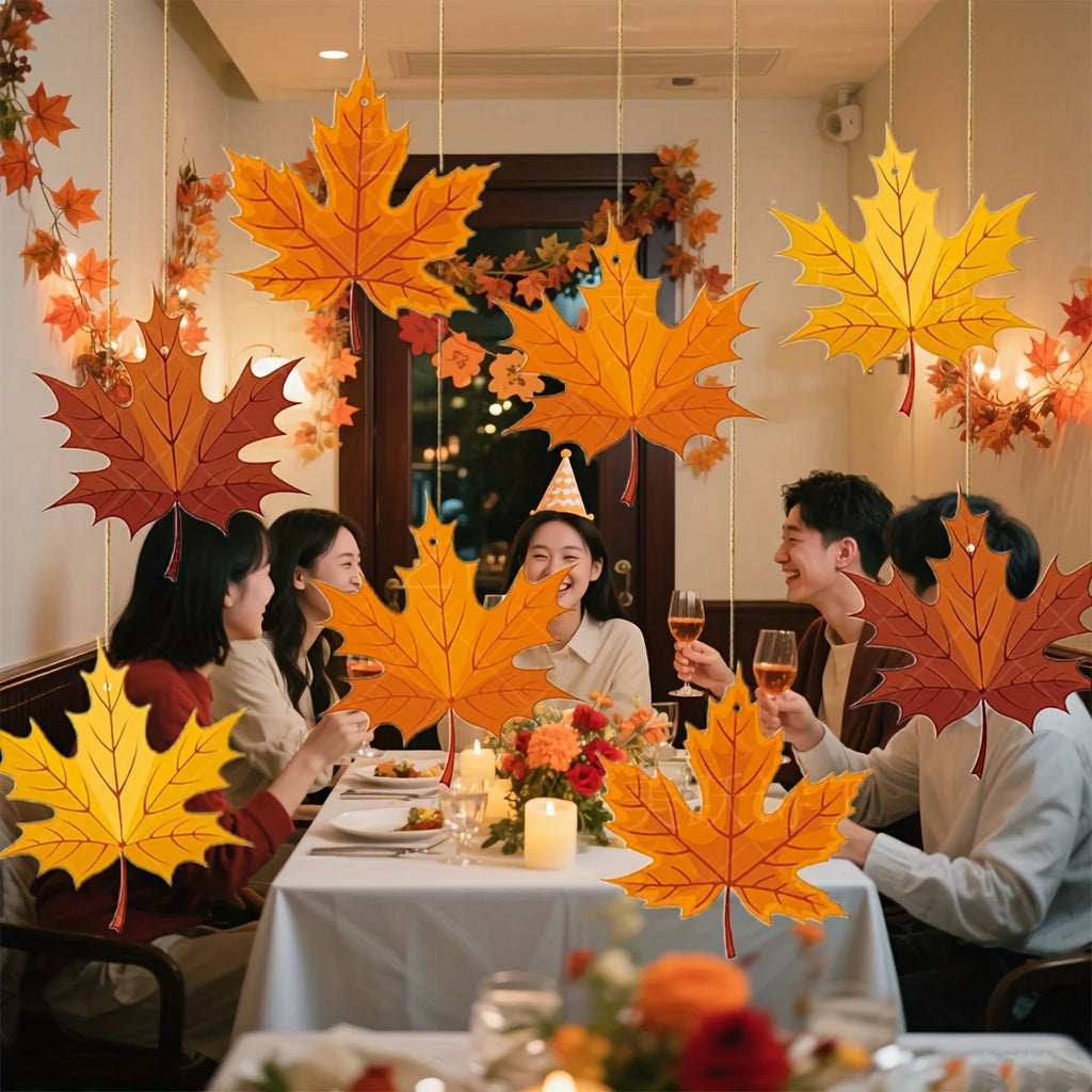 16-Piece Autumn Maple Leaf Hanging Decorations – Thanksgiving Seasonal Party Decor Axl