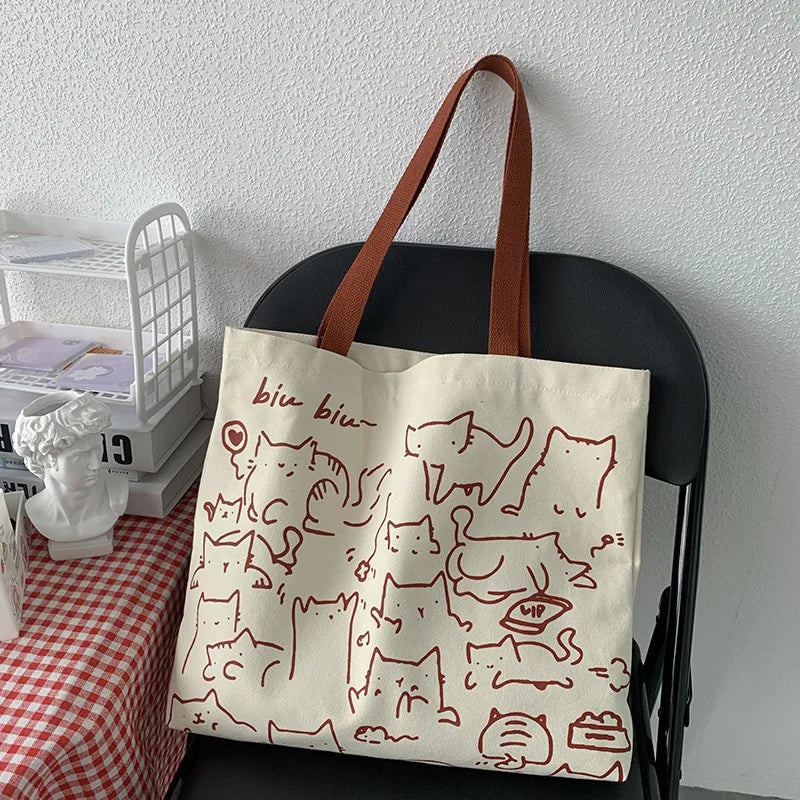 Cute Cat Canvas Tote Bag – Japanese Style Shoulder Bag Canvas Shoulder Tote Axl