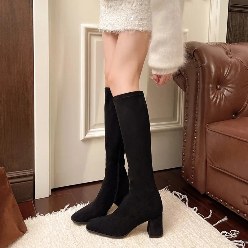 Women's Knee-High Boots | Square Toe Block Heel Side Zipper Knee-High Boots Axl