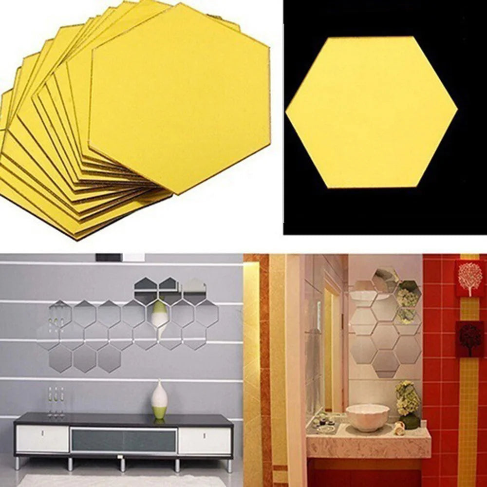 12-Pc 3D Hexagon Acrylic Mirror Wall Stickers | Gold & Silver Mirror Wall Stickers Axl