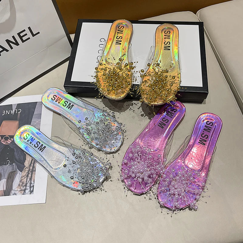 Women's Pearl Flat Slippers – Elegant Transparent Beach Slides Women's Flat Slippers Axl