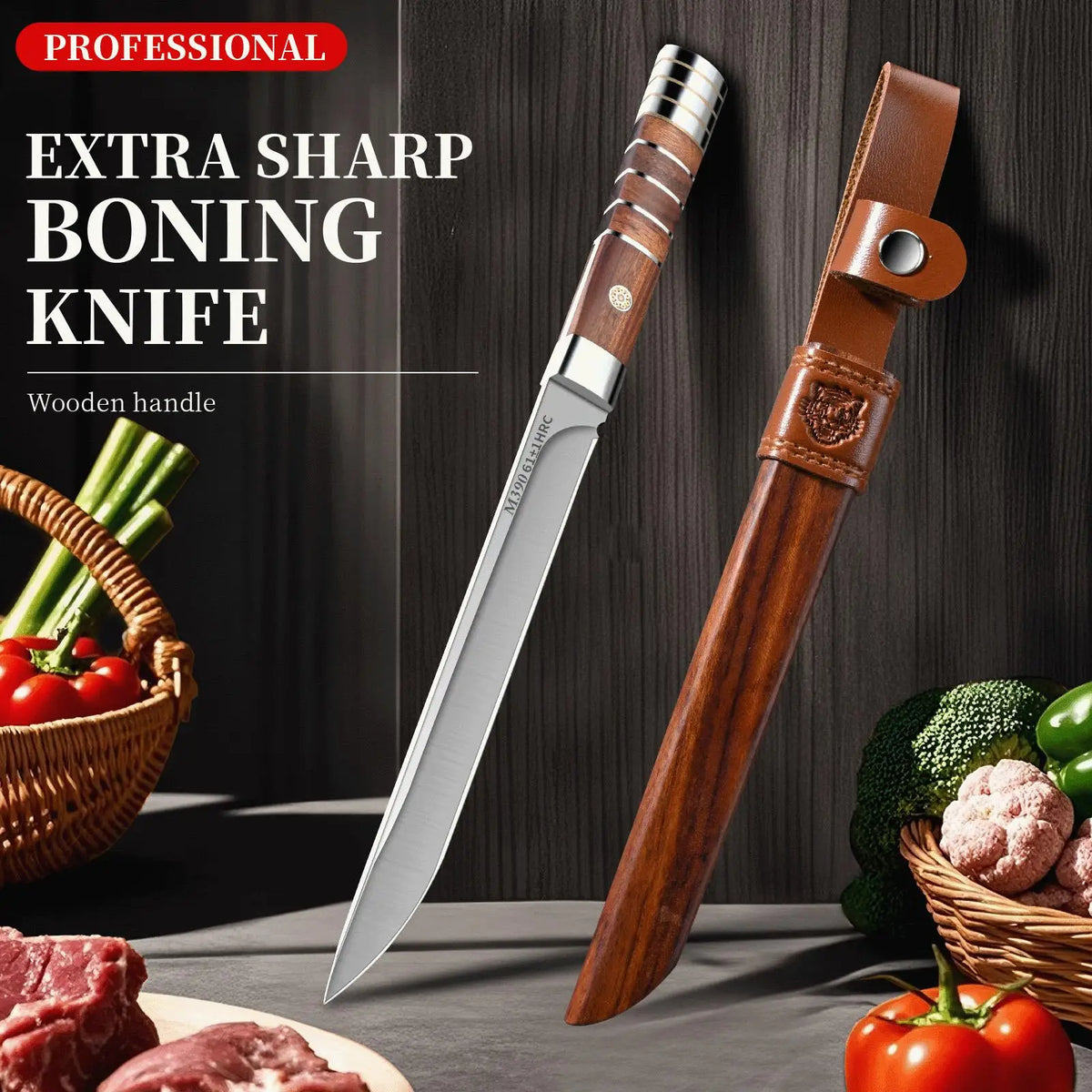 M390 Stainless Steel Boning Knife with Wood Sheath | BBQ Boning Knife Axl