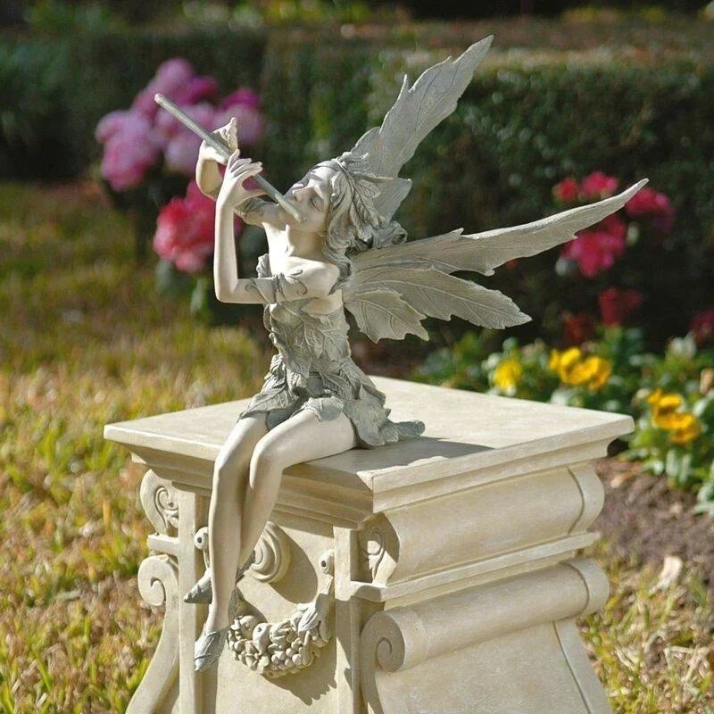 Flute Fairy Resin Garden Statue – Angel Sculpture Decor Garden Fairy Statue Axl