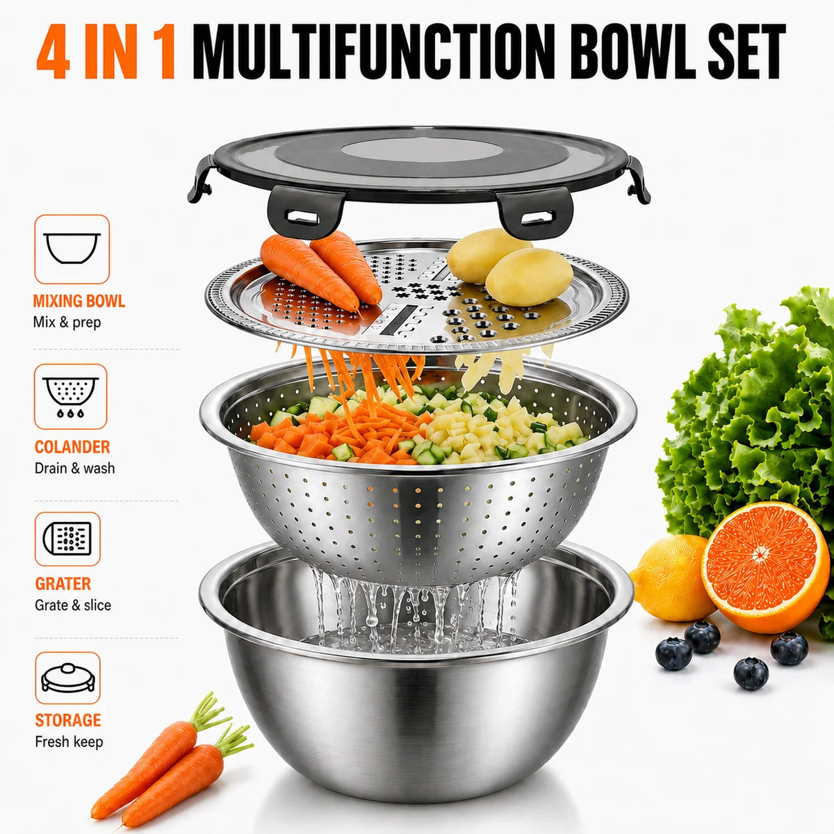 4-in-1 Stainless Steel Mixing Bowl Set – Grater, Colander & Lid Mixing Bowl Set Axl